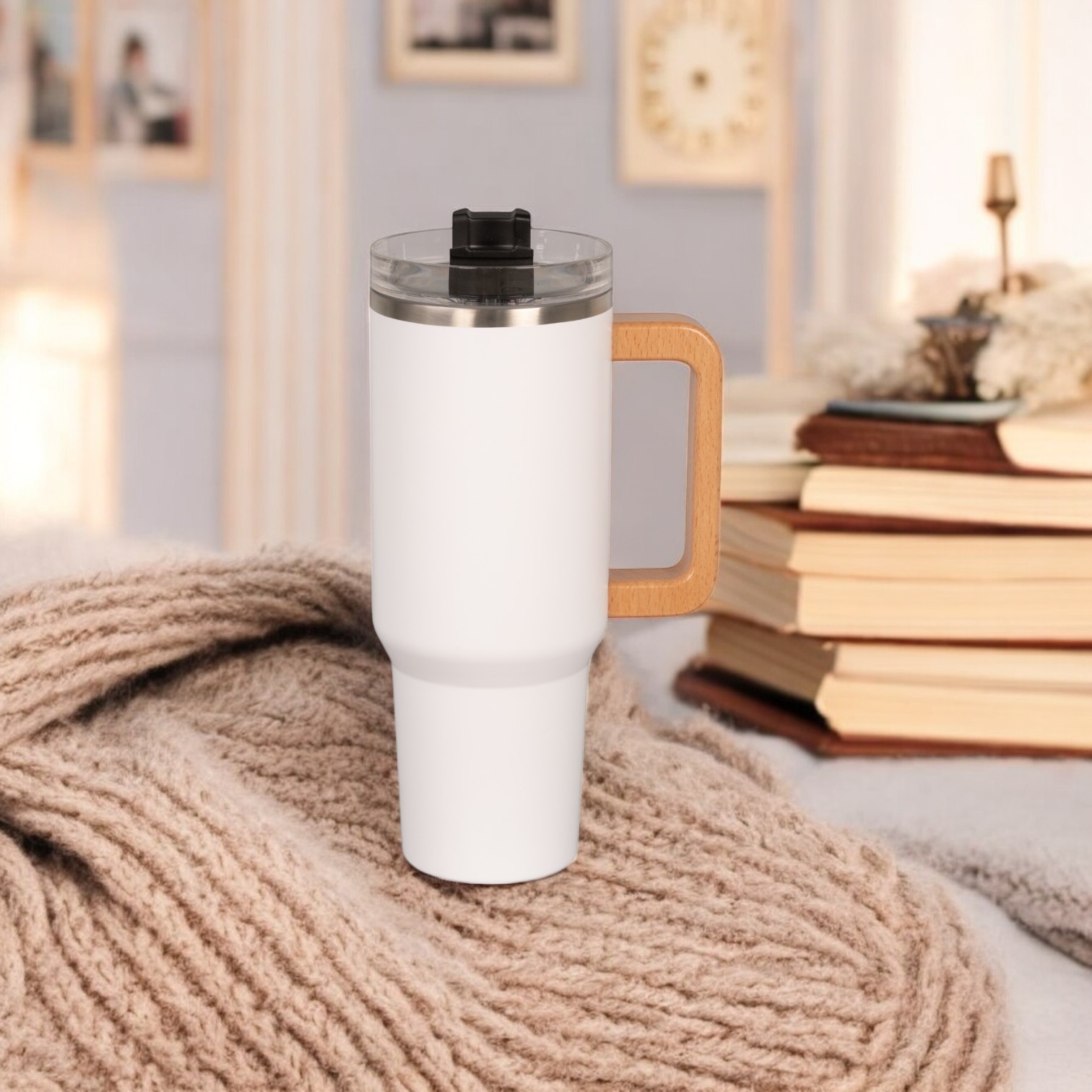 40oz Whirling Lid Stainless Mug Thermal Tumbler With Wooden Handle