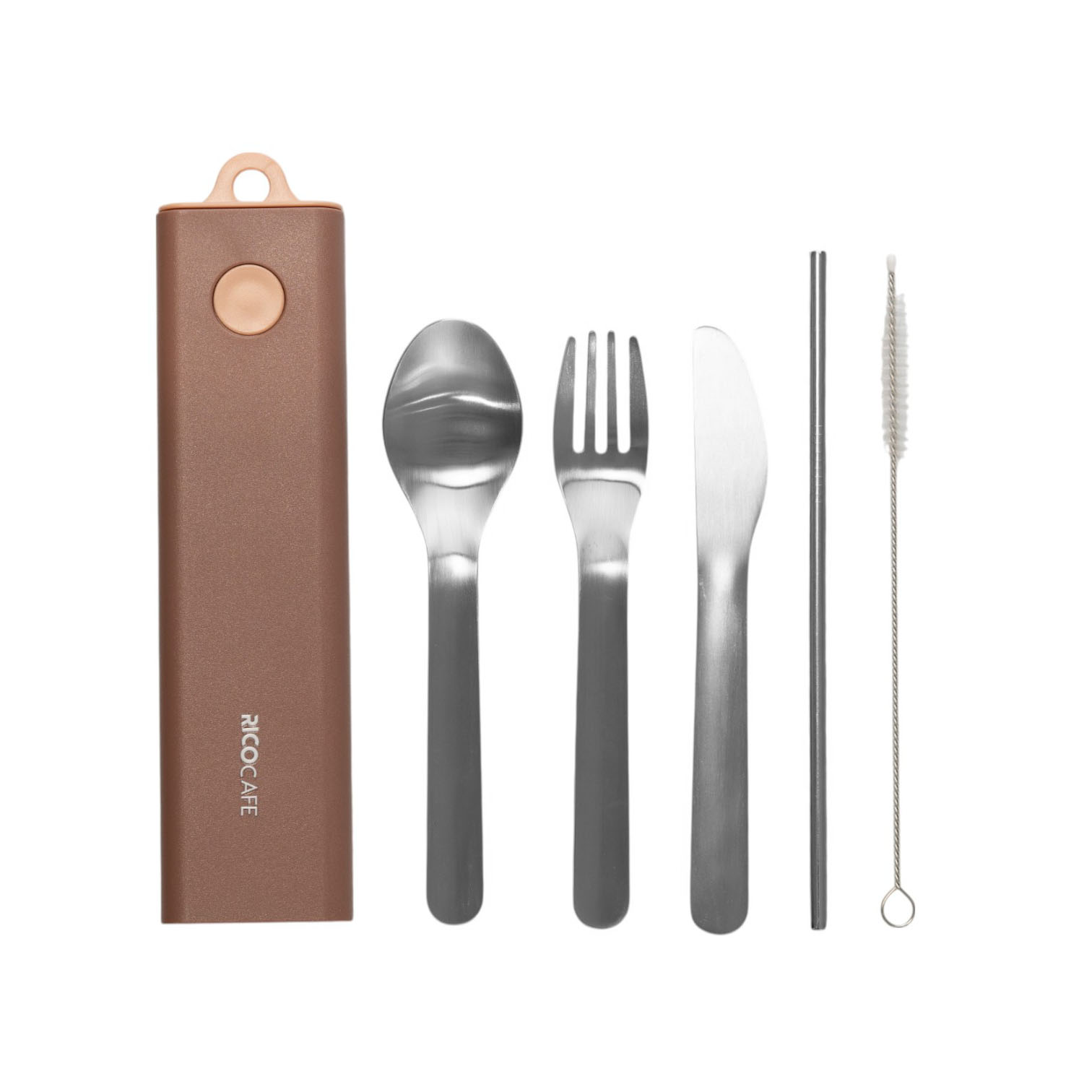 6-Piece Portable Stainless Steel Travel Cutlery Set with Case – Knife, Fork, Spoon, Straw & Brush