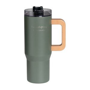 30oz Whirling Lid Stainless Mug Thermal Tumbler With Wooden Handle