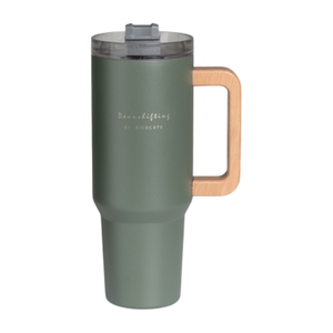 40oz Whirling Lid Stainless Mug Thermal Tumbler With Wooden Handle
