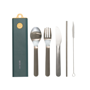 6-Piece Portable Stainless Steel Travel Cutlery Set with Case – Knife, Fork, Spoon, Straw & Brush